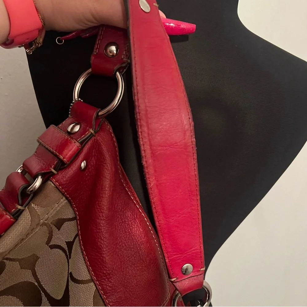 Coach F12674 Zoe Signature C Khaki Jacquard Red Leather Hobo Shoulder Bag - Picture 13 of 16